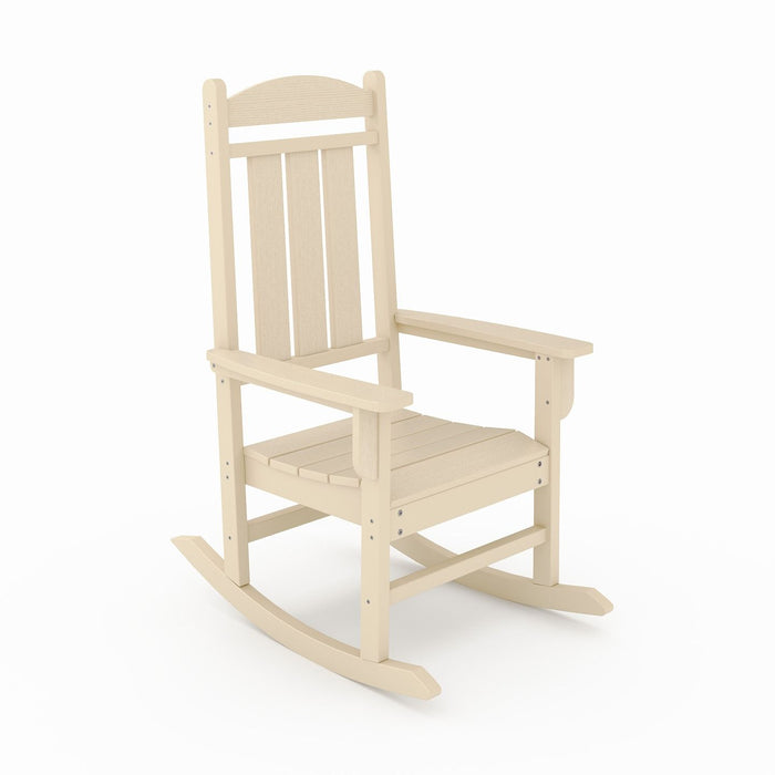 Giga traditional porch rocker chair with HDPE poly lumber, designed for porch, patio, and garden relaxation, showing a sturdy wooden frame.