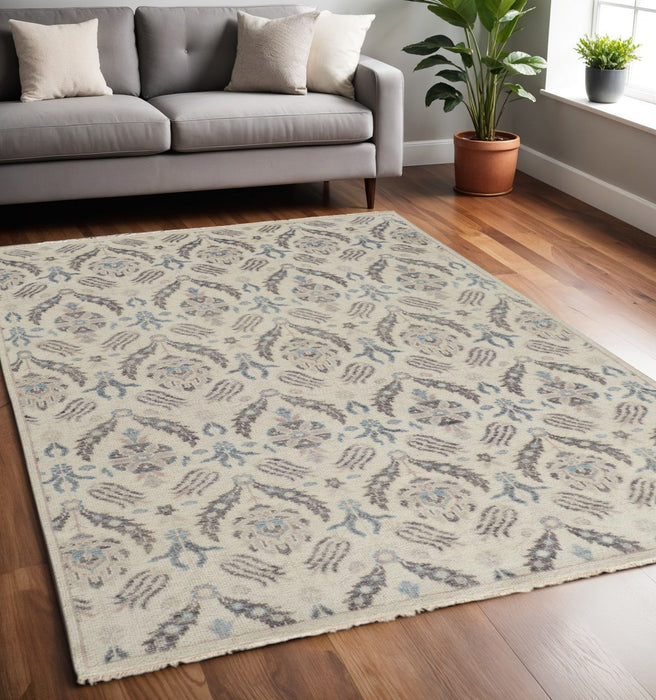 5' x 8' Wool Floral Hand Knotted Stain Resistant Area Rug - Ivory Gray And Blue