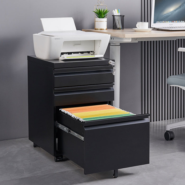 Giga contemporary metal filing cabinet with three drawers, lock, office storage for legal and letter size documents.