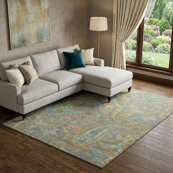 9' X 12' Paisley Distressed Washable Area Rug With UV Protection (648003) - Taupe / Green / Blue