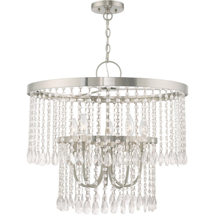 23" Five Light Dimmable Chandelier With Shades - Nickel / Pearl Silver