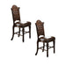 Set of two brown faux leather and solid wood counter height bar chairs with modern design and sturdy construction.