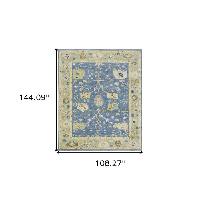 9' X 12' Wool Oriental Hand Knotted Area Rug With Fringe - Blue And Green