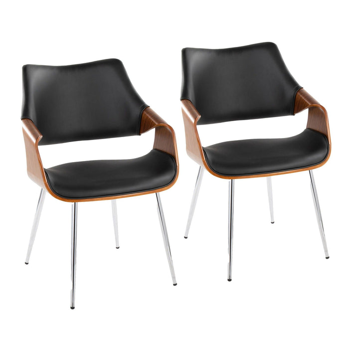 Curvo - High Back Chair (Set of 2) - Chrome Metal, Walnut Wood, Black Faux Leather