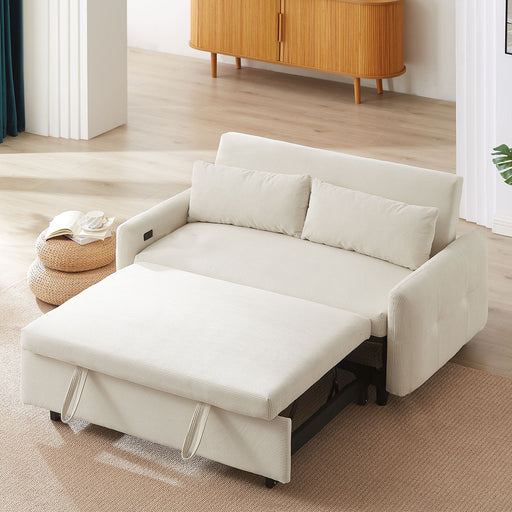 Giga modern pull-out 2-seat sleeper sofa with two throw pillows and built-in USB ports, showcasing its sleek design and comfort.