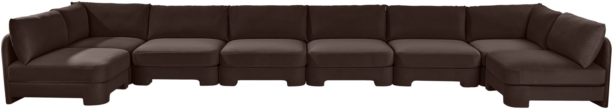 Beige Hammond upholstered velvet performance fabric 8-piece U-shaped sectional by Meridian Furniture, armless and stationary.