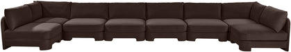 Beige Hammond upholstered velvet performance fabric 8-piece U-shaped sectional by Meridian Furniture, armless and stationary.