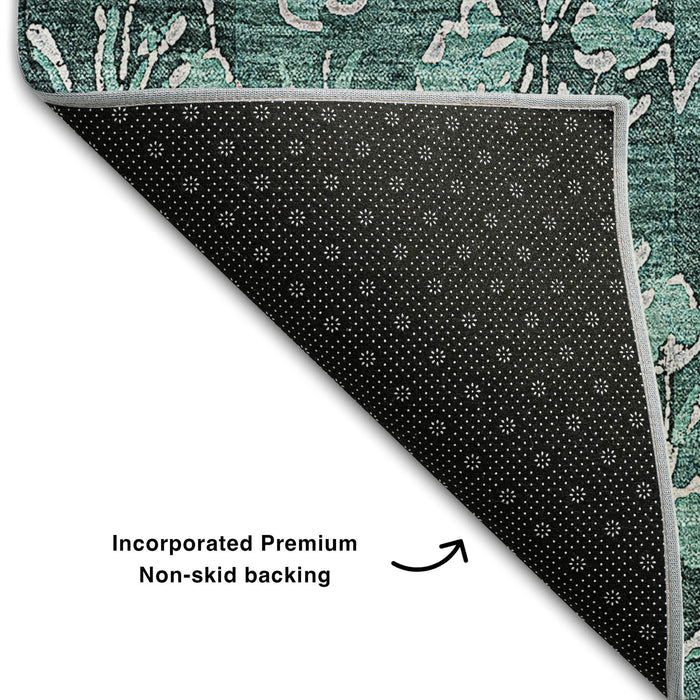 10' X 14' Floral Washable Area Rug With UV Protection (656472) - Teal / Ivory