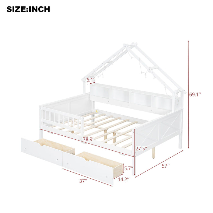 Giga house style platform storage bed with LED lights, built-in shelves, drawers, and guardrail in a modern bedroom setting.