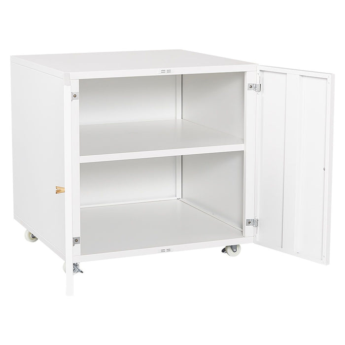 Giga office copier cabinet with two steel doors, mobile printer stand and pedestal for office file storage and organization.