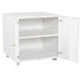 Giga office copier cabinet with two steel doors, mobile printer stand and pedestal for office file storage and organization.
