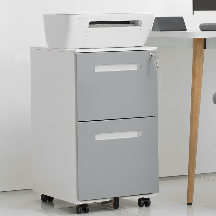 Gray Giga 3-drawer mobile locking filing cabinet with rolling wheels, suitable for letter and A4 size documents.