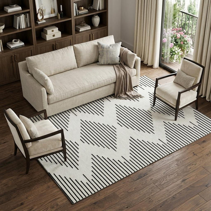 10' X 14' Geometric Washable Area Rug With UV Protection (679744) - Ivory / Black