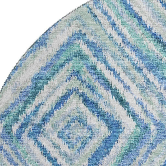 8' Geometric Washable Round Rug With UV Protection - Blue / Ivory