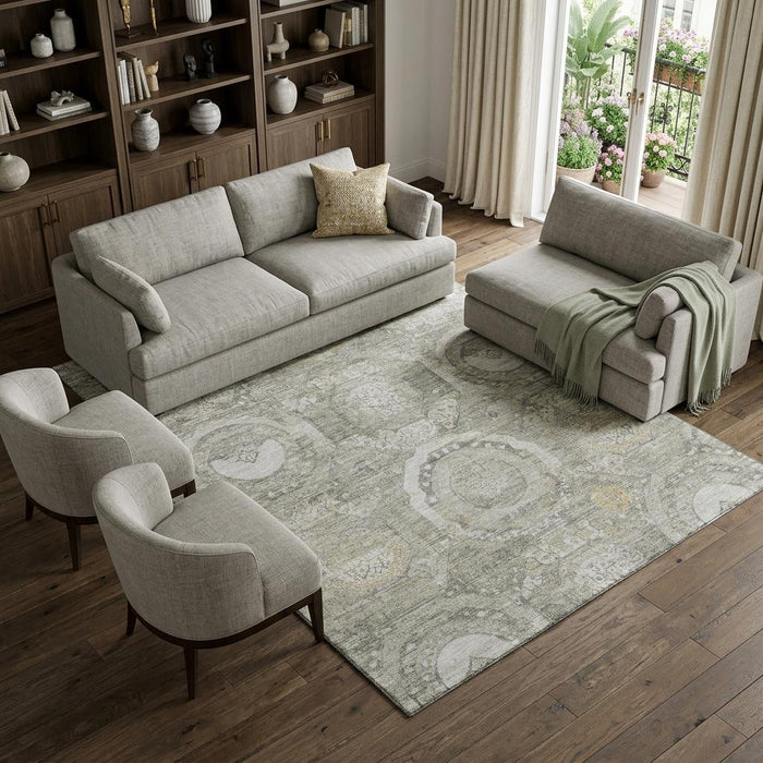 10' X 14' Mosaic Washable Area Rug With UV Protection (696410) - Pewter / Gray / Wheat