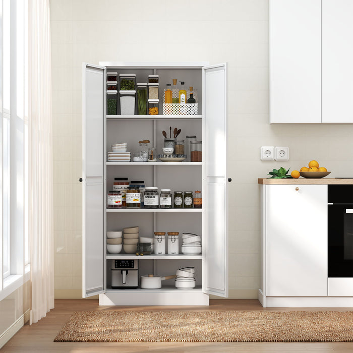 White Giga kitchen pantry cabinet with adjustable shelves and heavy-duty design, perfect for organized storage in kitchens.