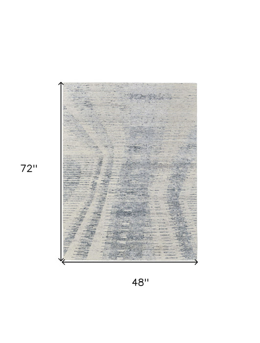 4' x 6' Abstract Hand Knotted Worn Faded Area Rug - Ivory Gray And Blue