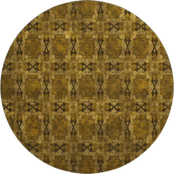 8' Floral Medallion Washable Round Rug With UV Protection (649471) - Chocolate / Gold