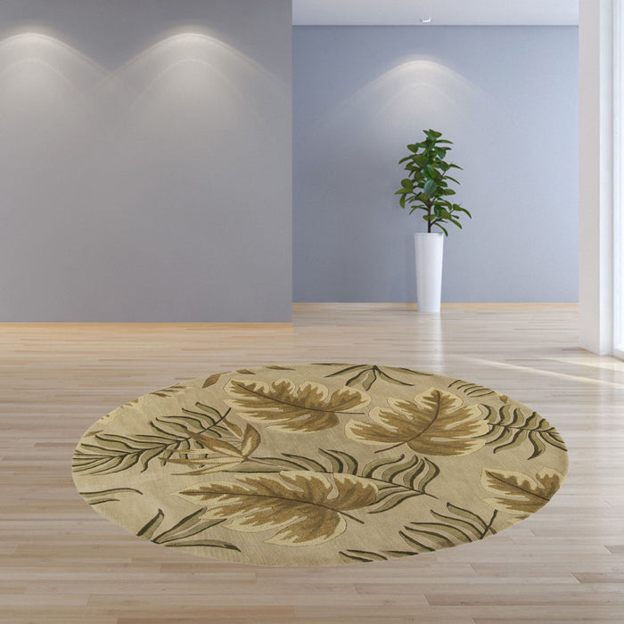 8' Hand Tufted Tropical Leaves Round Indoor Area Rug - Sand Beige