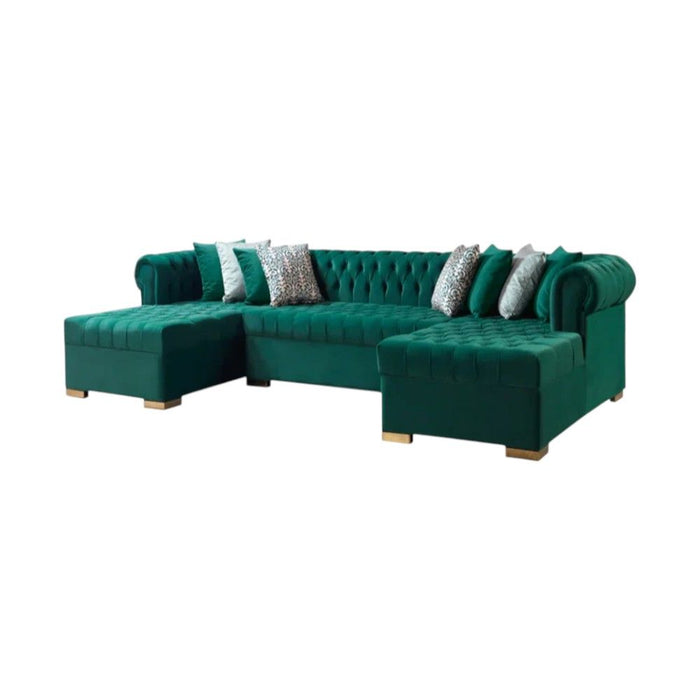Velvet U Shaped Three Piece Sofa Chaise Sectional With Toss Pillows - Green