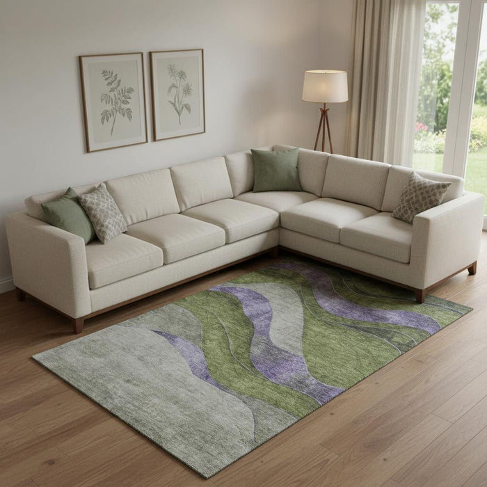 10' X 14' Abstract Washable Area Rug With UV Protection (707143) - Olive Green / Purple