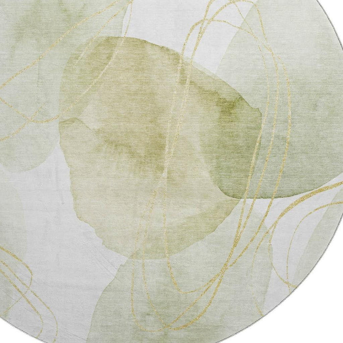 8' Abstract Washable Round Rug With UV Protection (648421) - Green / Gold / Ivory