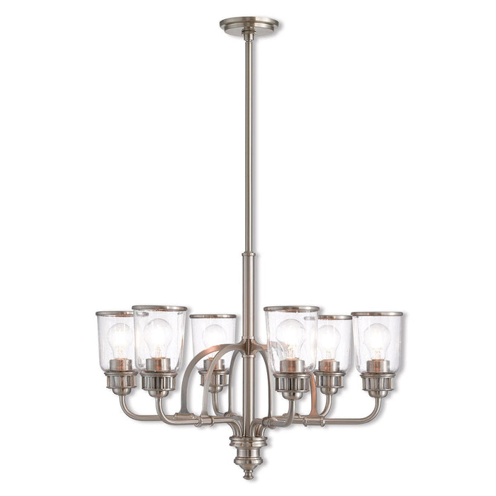 HomeRoots 27-inch six-light metal chandelier with clear shades and dimmable feature in nickel finish, modern lighting fixture
