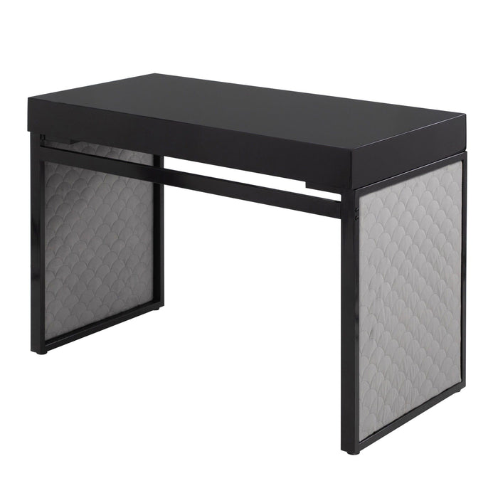 Drift - Contemporary Upholstered Desk - Black Steel, Black Wood And Silver Velvet