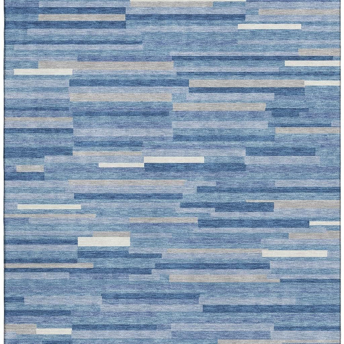 10' X 14' Striped Washable Area Rug With UV Protection (671102) - Sky Blue / Ivory / Gray