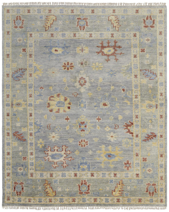 9' x 12' Wool Floral Hand Knotted Area Rug With Fringe - Light Blue And Taupe