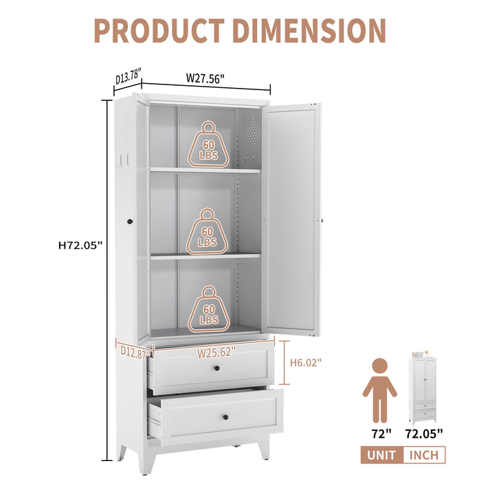 Giga white pantry cabinet with two drawers, adjustable shelves, and space for spices, dishware, and small appliances in a kitchen setting.
