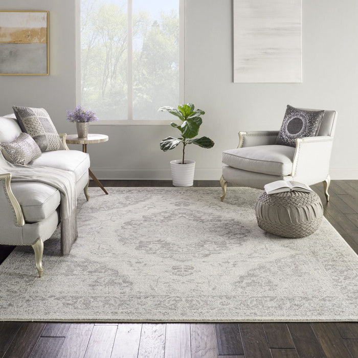 9' X 12' Floral Medallion Distressed Area Rug - Ivory And Gray