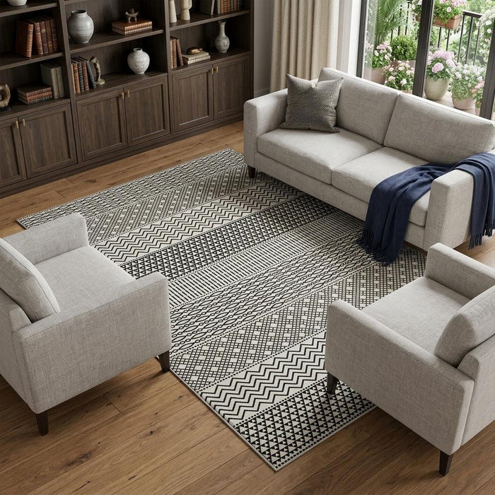10' X 14' Striped Washable Area Rug With UV Protection (674826) - White / Black