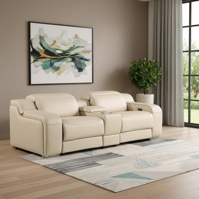 Italian Leather Power Reclining Loveseat With Storage - Beige / Silver
