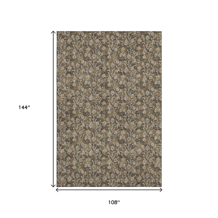 9' X 12' Floral Washable Area Rug With UV Protection (656435) - Brown / Ivory