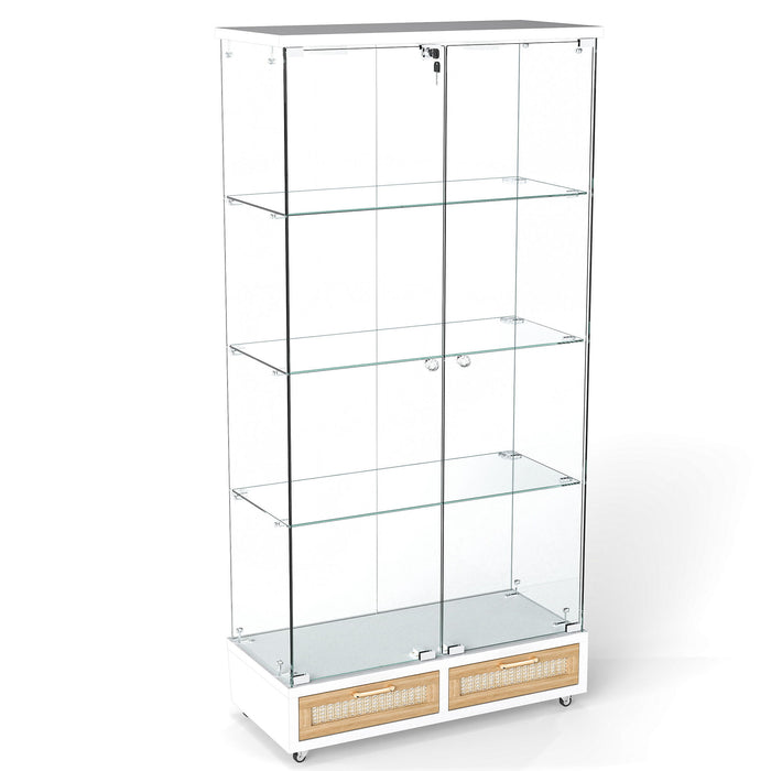 Giga glass display cabinet with LED lights, tempered glass doors, large drawers, and two-door storage with four shelves in natural/white finish.