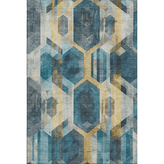 10' X 14' Geometric Washable Area Rug With UV Protection (699124) - Teal / Gold / Silver