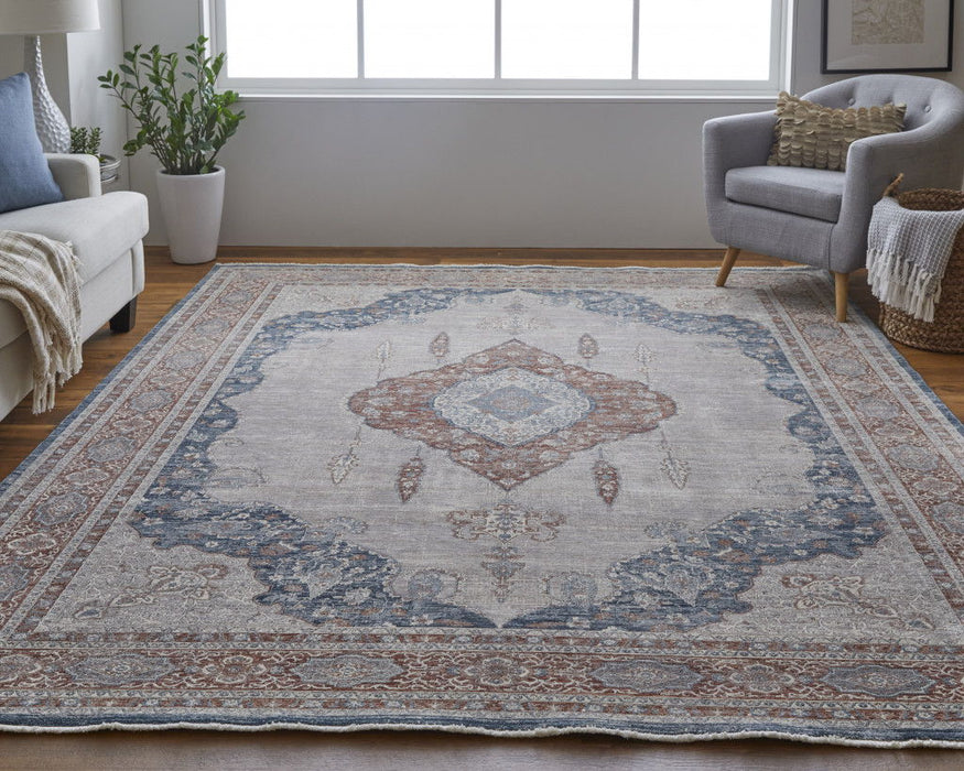 8' x 10' Floral Power Loom Stain Resistant Area Rug - Gray Red And Blue