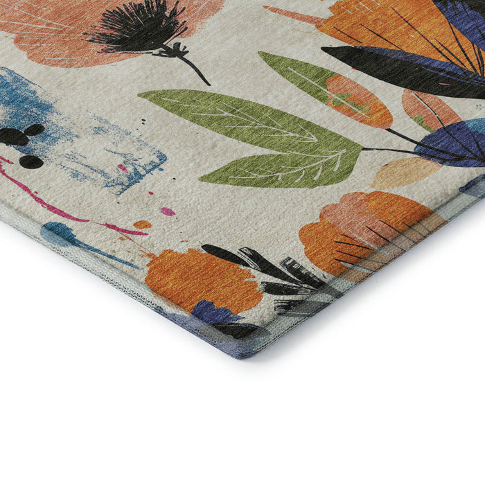 10' X 14' Floral Washable Area Rug With UV Protection (694370) - Ivory / Blue / Pink / Orange