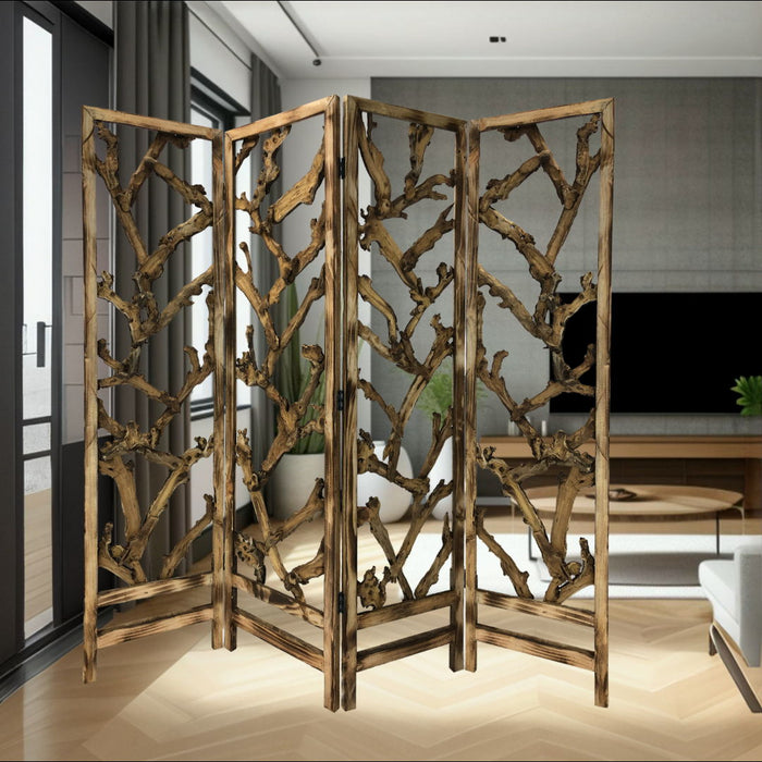 Solid Woodfolding Four Panel Screen Room Divider - Brown