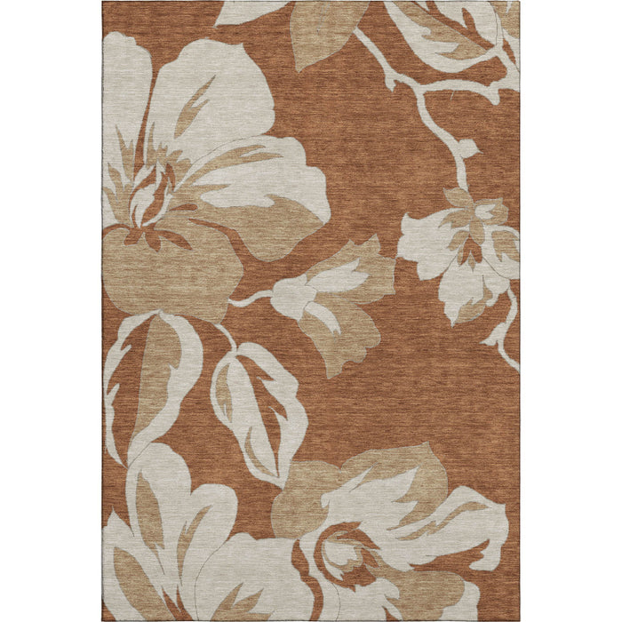 10' X 14' Floral Washable Area Rug With UV Protection (668029) - Terra Cotta / Beige
