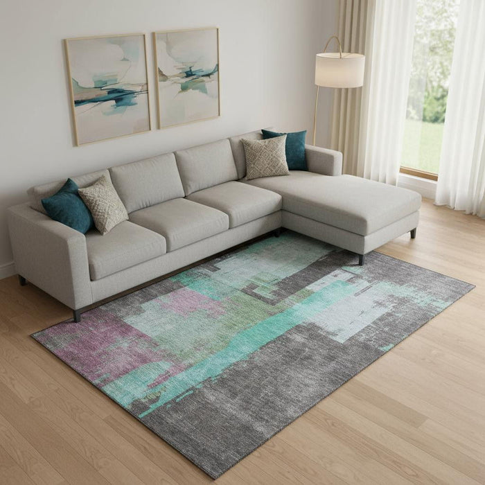 10' X 14' Abstract Washable Area Rug With UV Protection (701141) - Teal / Gray / Silver