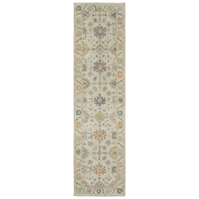 10' Wool Oriental Hand Knotted Runner Rug With Fringe - Beige And Green