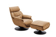 HomeRoots camel tufted genuine leather manual recliner chair with matching ottoman, featuring plush cushioning and swivel base.
