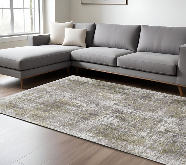 7' x 10' Abstract Area Rug With Fringe - Green Gray And Ivory