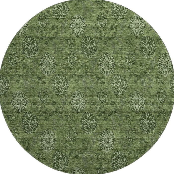 8' Floral Washable Round Rug With UV Protection - Olive Green And Ivory
