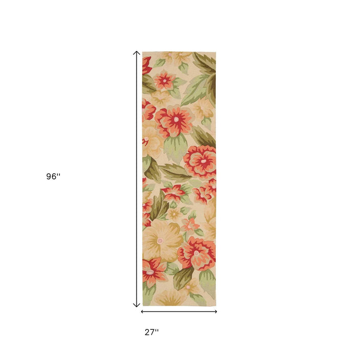8' Botanical Leaves Hand Carved Handmade Runner Rug (552604) - Cream