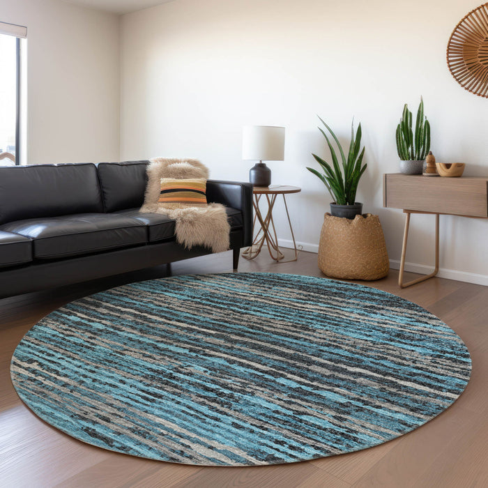 8' Striped Washable Round Rug With UV Protection - Persian Blue And Charcoal