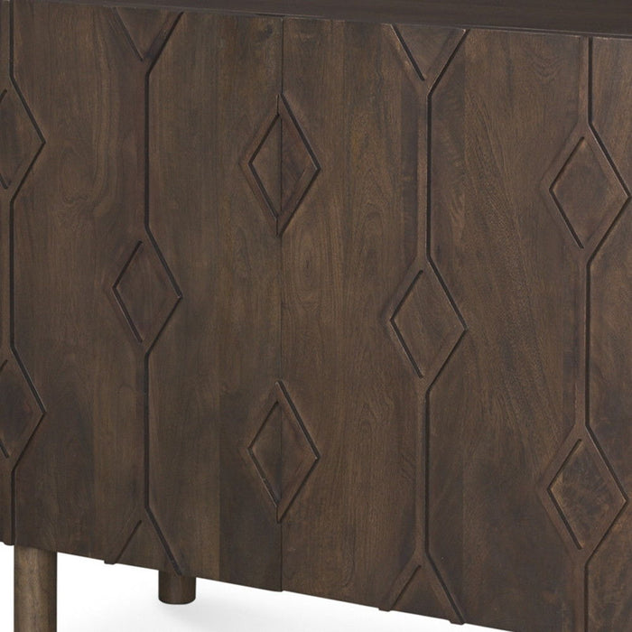 36" Solid Wood Carved Geometric Accent Cabinet With Two Doors - Dark Brown