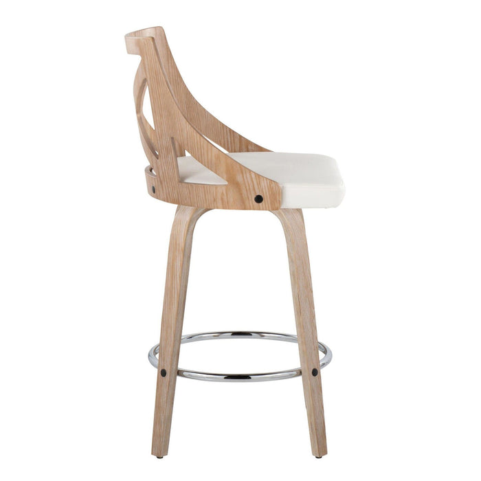 Charlotte - Fixed-Height Counter Stool (Set of 2) - Whitewashed Wood, White Faux Leather, Chrome Metal